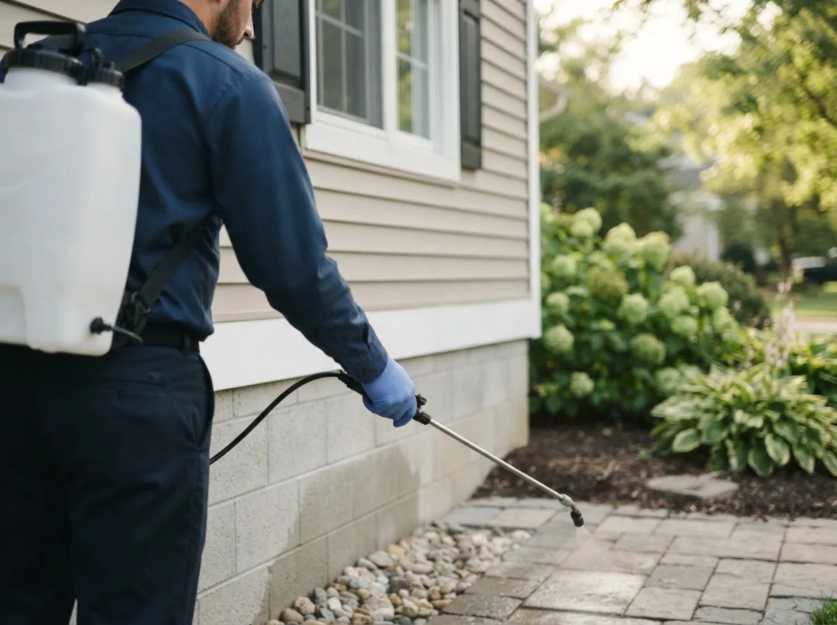 Pest control technician inspecting a home in Four States, WV
